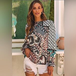 Boho Mixed Patchwork Print Lace Detail Blouse Long Lantern Ruffle Cuff Sleeves